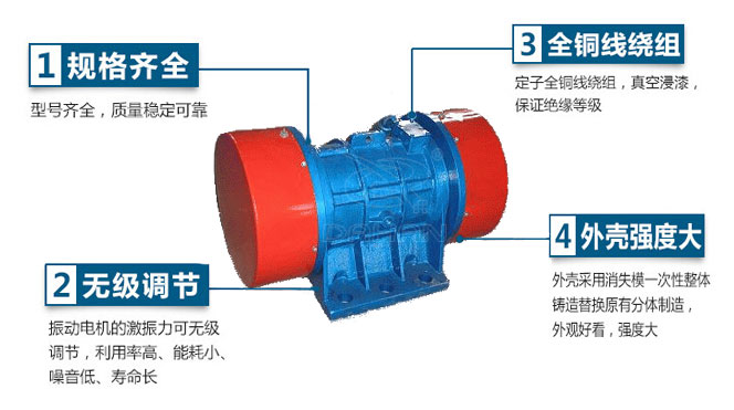 VB振動電機特點：1，規(guī)格齊全：型號齊全，質量穩(wěn)定可靠。2，無極調節(jié)：振動電機的激振力可無極調節(jié)，利用率高，能耗小，噪音低，壽命長。4，外殼輕度大：外殼采用消失模一次性整體鑄造替換原有分體制造，外觀好看，強度大。