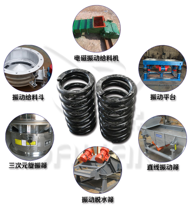 旋振篩減震彈簧適用產(chǎn)品：振動給料機(jī)，電磁振動給料機(jī)，振動平臺，直線振動篩，振動脫水篩，三次元旋振篩。