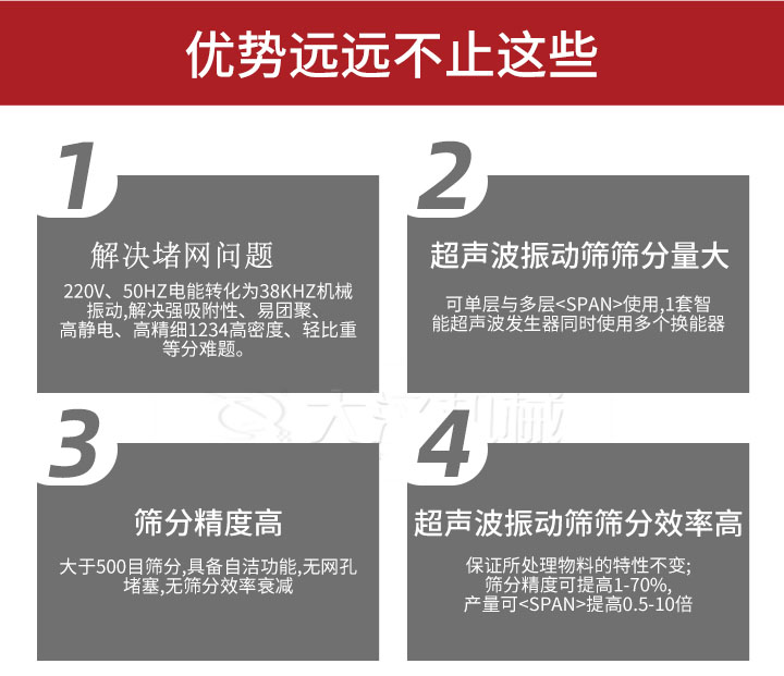 超聲波振動篩優(yōu)勢：1，高效解決堵網(wǎng)問題220V，50HZ電能轉(zhuǎn)化為38KHZ機械振動，解決強吸附性，易團聚，高靜電，高精細1234高密度，輕比重等難題。2，超聲振動篩篩分量大：可單層與多層使用1套只能超聲波發(fā)生器同時使用多個換能器。3，適合大于500目篩分，具備自潔功能，無網(wǎng)孔堵塞，無篩分效率衰減。4，超聲波振動篩篩分效率高：保證所處理物料的特性不變，篩分精度可提高1-70%。