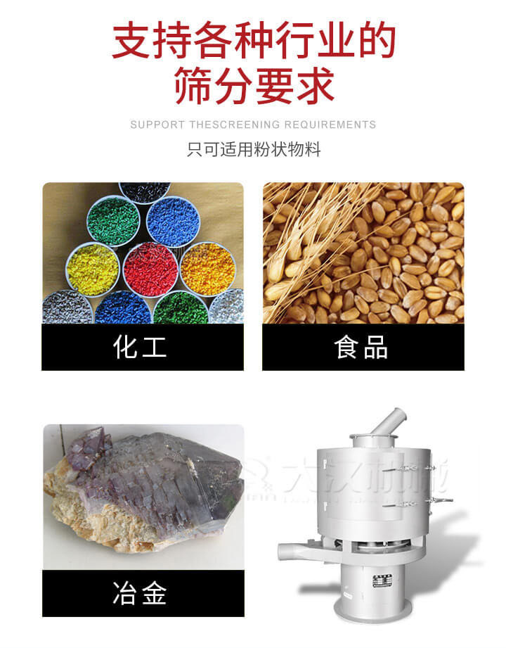 氣流篩用于礦粉，石墨粉，活性納米碳酸鈣，鋁灰，大豆粉，碳酸重鈣，石墨粉，木粉，干草，重金石粉，藥粉末，橡膠顆粒，草酸鹽，干料粉，木粉，聚酯粉，干粉，塑料，金屬粉末，橡膠粉，粉煤灰，石墨粉，陶瓷粉，鋅粉，石英粉，石灰粉，鐵粉，金屬硅粉等。