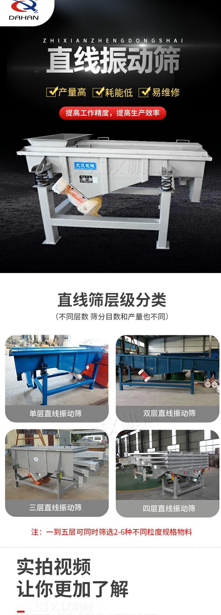 直線振動篩特點：產(chǎn)量高，耗能低，易維修同時能夠提高工作精度，提高生產(chǎn)效率等優(yōu)勢。直線振動篩層級分類：單層，雙層，三層，四層等不同層數(shù)，篩分目數(shù)和產(chǎn)量也會有所不同。直線振動篩篩分塑料顆粒試機現(xiàn)場：塑料顆粒從入料口進入直線振動篩，由雙電機帶動機體振動，產(chǎn)生的振動頻率使大小不一的塑料顆粒被篩網(wǎng)篩分，自動分層排料,篩分效率高