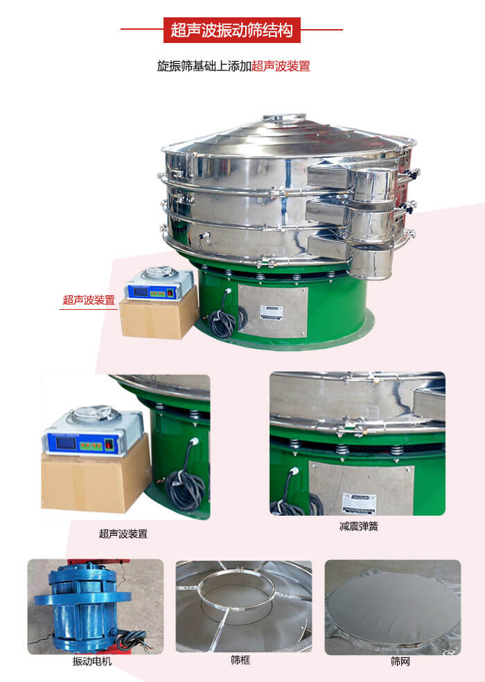 圓篩機(jī)內(nèi)部結(jié)構(gòu)：主要由振動(dòng)電機(jī)、篩框、篩網(wǎng)、超聲波系統(tǒng)、減震彈簧等展示圖