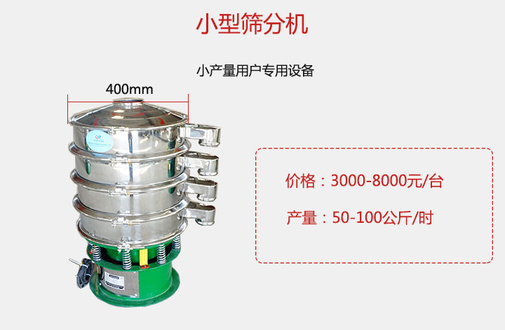 小型篩分機產(chǎn)量可達100公斤/時，價格3000元起。