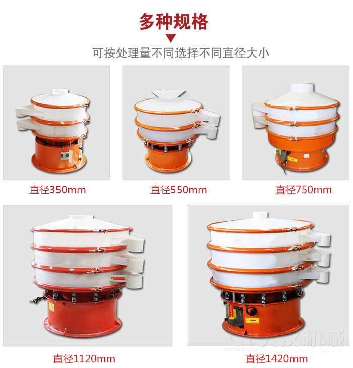 塑料振動篩不同篩分直徑進(jìn)行展示：350，550，750，1120，1420等。