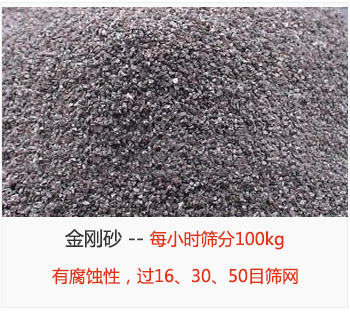 篩分金剛砂每小時100kg，有腐蝕性，過16、30、50目篩網(wǎng)