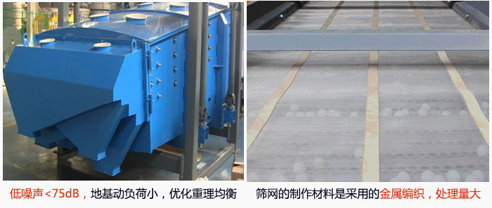 方形搖擺篩采用低噪聲<75dB，地基動負荷小，優(yōu)化重理均衡；篩網的制作材料是采用的金屬編織，處理量大。