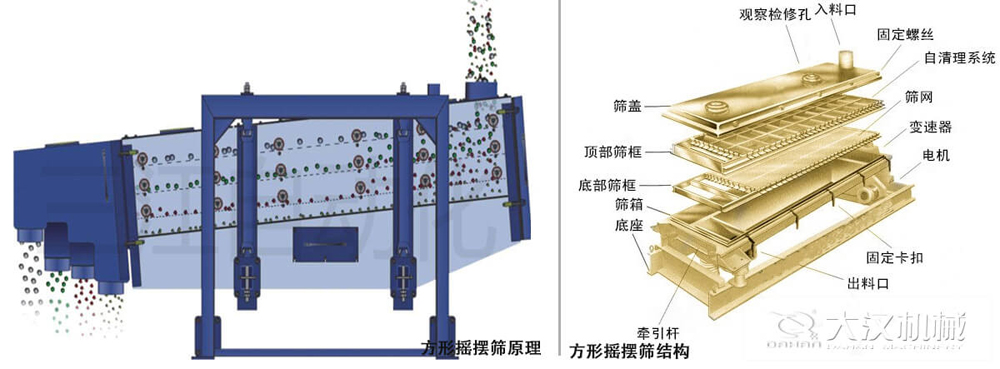 方形搖擺篩又稱往復(fù)篩，其驅(qū)動裝置所產(chǎn)生的振動力是繞固定軸，方向呈一定規(guī)律變化的慣性力，其本質(zhì)是有偏心輪繞定軸轉(zhuǎn)動所形成的往復(fù)慣性力。由于其慣性帶動物料的運(yùn)動從而實(shí)現(xiàn)方形搖擺篩的篩分效果。該結(jié)構(gòu)是由：篩蓋，頂部篩框，底部篩框，篩網(wǎng)，出料口等部件組成。