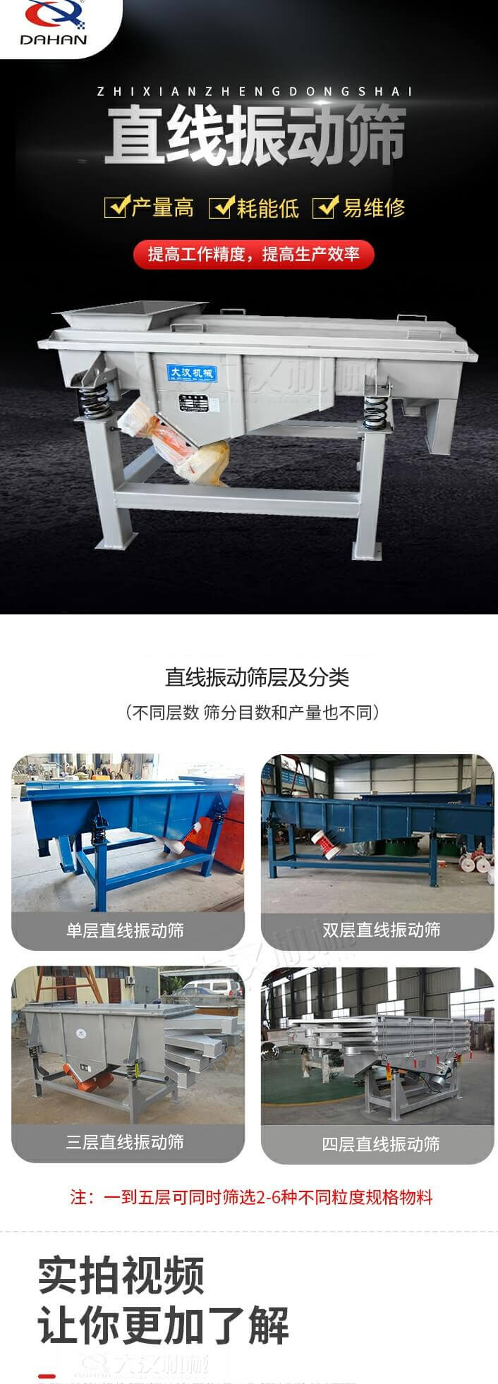 直線振動(dòng)篩概述，產(chǎn)量高，耗能低，易維修，提高工作精度，提高生產(chǎn)效率，直線振動(dòng)篩層級(jí)分類：不同層數(shù)，篩分目數(shù)和產(chǎn)量也不同：?jiǎn)螌?，雙層，三層，四層等。