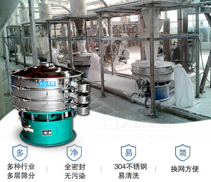 多種行業(yè)多層篩分采用全密封結(jié)構(gòu)，無污染。304不銹鋼材質(zhì)易清洗。同時(shí)換網(wǎng)方便。