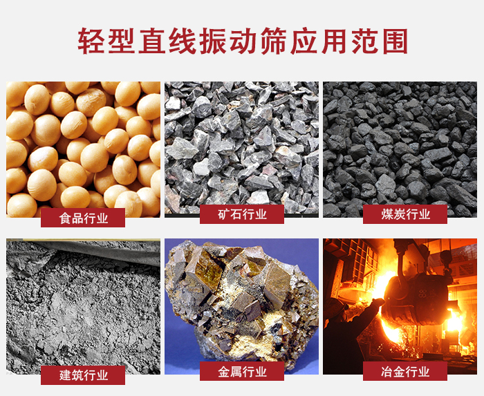 輕型直線振動篩應用范圍較廣多使用與顆粒狀，粉狀以及其它重型行業(yè)的輸送。