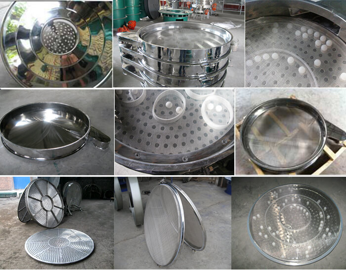食品振動(dòng)篩細(xì)節(jié)展示：防塵蓋，篩框，網(wǎng)架，底框等。